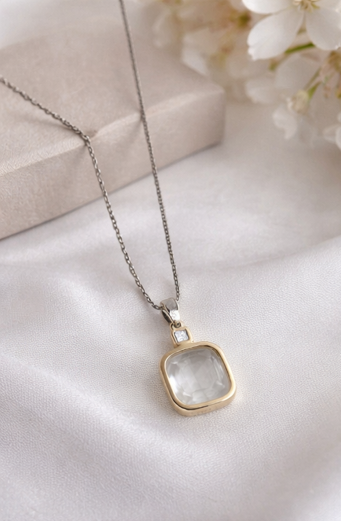 Minimal Square Crystal Pendant Necklace for Women | Elegant Daily Wear Jewellery | Saivanyas