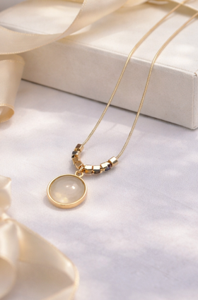 Gold Beaded Pendant Necklace with Natural Stone Charm | Elegant Minimalist Women’s Jewelry