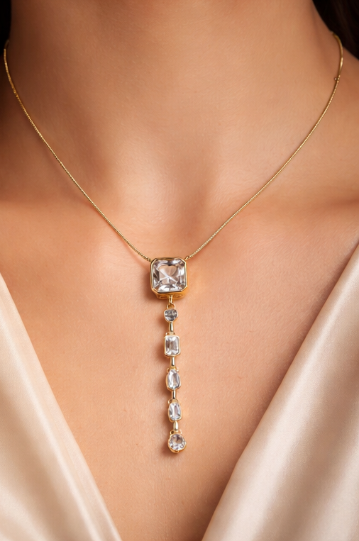 Elegant Gold Crystal Drop Pendant Necklace for Women | Minimal Luxury Jewellery | Saivanyas