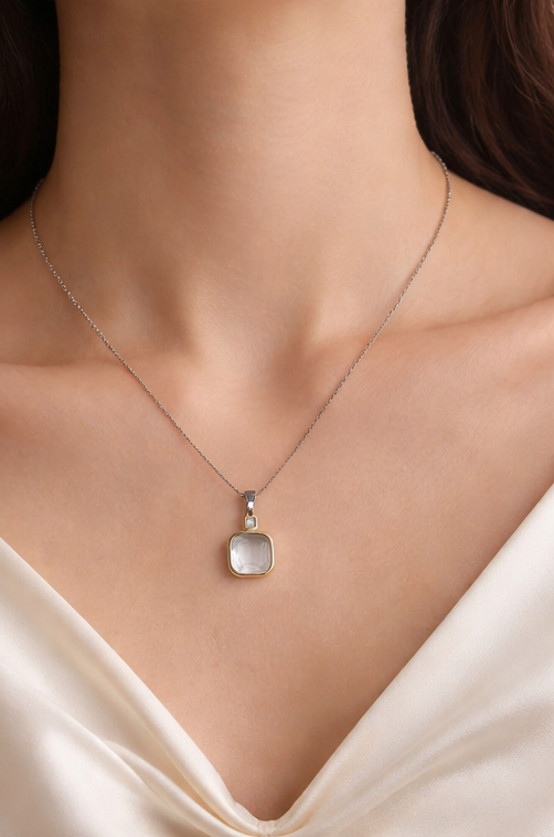 Minimal Square Crystal Pendant Necklace for Women | Elegant Daily Wear Jewellery | Saivanyas