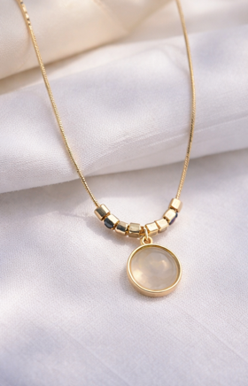 Gold Beaded Pendant Necklace with Natural Stone Charm | Elegant Minimalist Women’s Jewelry