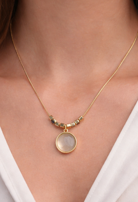 Gold Beaded Pendant Necklace with Natural Stone Charm | Elegant Minimalist Women’s Jewelry