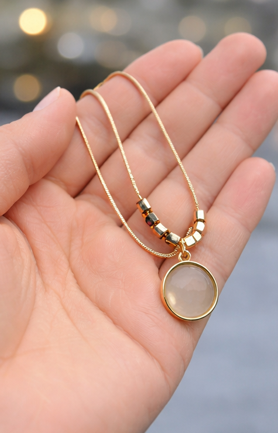 Gold Beaded Pendant Necklace with Natural Stone Charm | Elegant Minimalist Women’s Jewelry