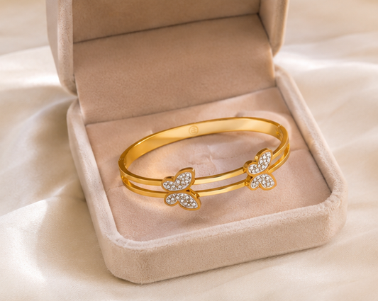 Butterfly Crystal Gold-Plated Open Cuff Bracelet for Women | Elegant Luxury Bangle
