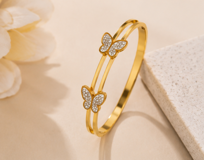 Butterfly Crystal Gold-Plated Open Cuff Bracelet for Women | Elegant Luxury Bangle