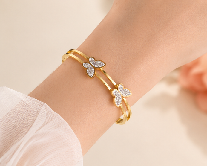 Butterfly Crystal Gold-Plated Open Cuff Bracelet for Women | Elegant Luxury Bangle