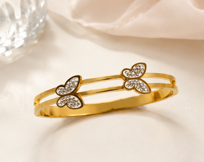 Butterfly Crystal Gold-Plated Open Cuff Bracelet for Women | Elegant Luxury Bangle
